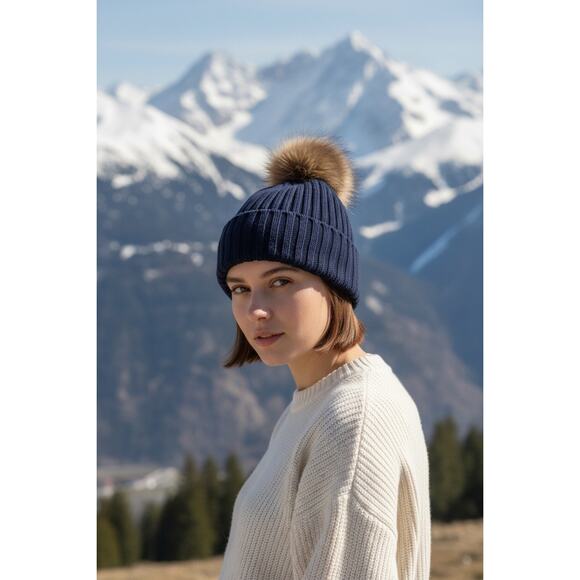 Kemo Sabe Aspen Ribbed Knit Beanie Fox Fur Pom – Gray | Navy | Cream | Black - Picture 10 of 13